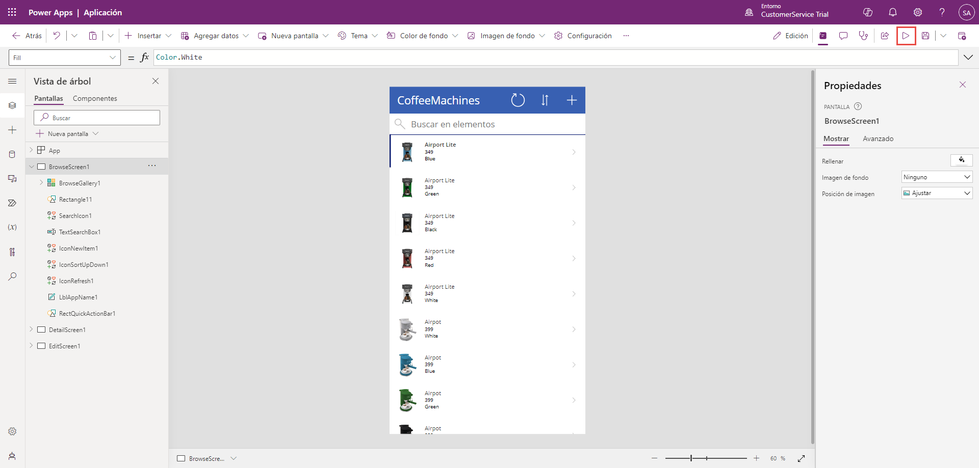 Captura de pantalla de la aplicación CoffeeMachines generada por Power Apps. El botón Reproducir se ha resaltado.