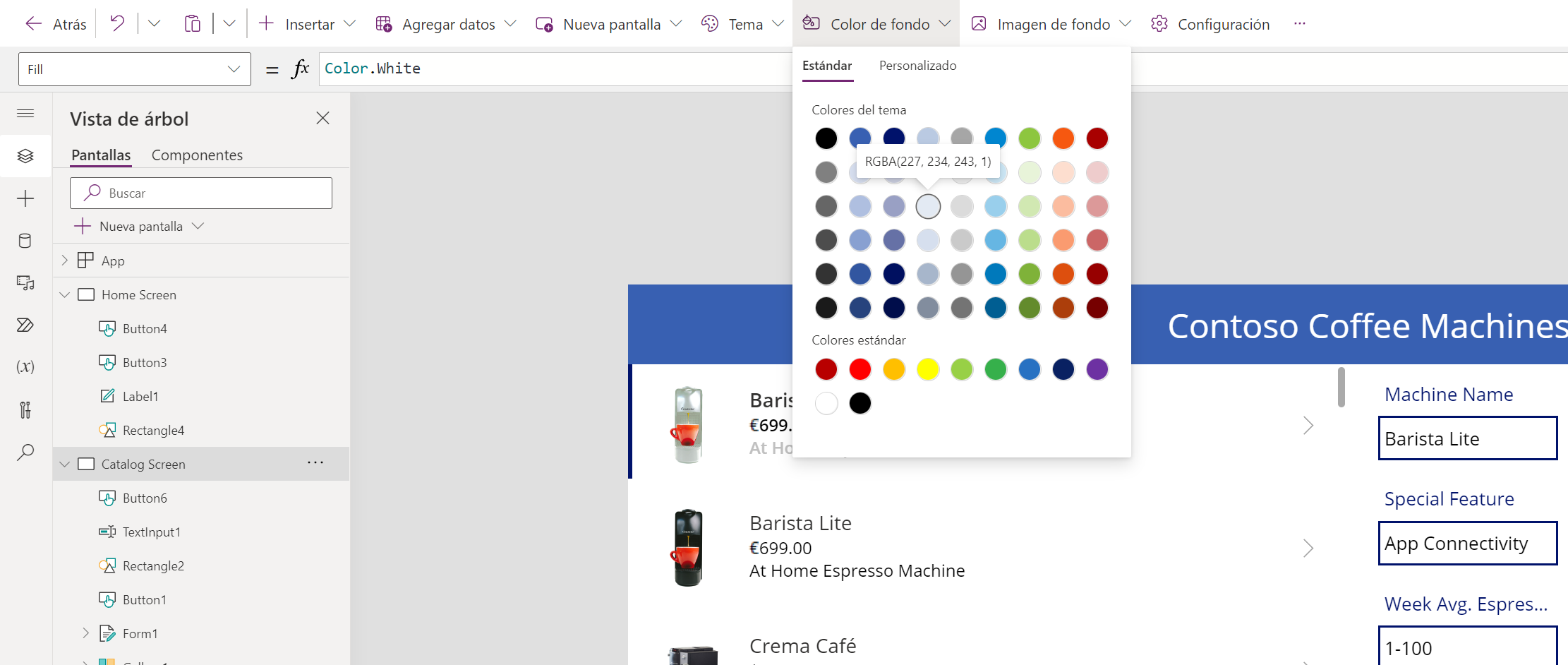 Captura de pantalla de la paleta de color de fondo