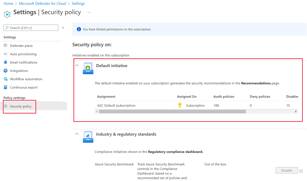 Screenshot of the Security policy pane with the default initiative selected.