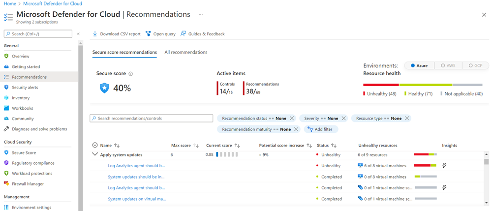 Screenshot that shows the recommendations pane with the Apply system updates category selected.