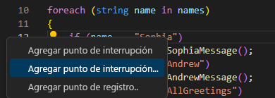 Recorte de pantalla que muestra las opciones para establecer puntos de interrupción condicionales en el editor de Visual Studio Code.