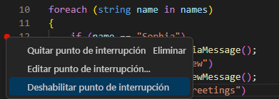 Recorte de pantalla que muestra la opción para deshabilitar un punto de interrupción en el editor de Visual Studio Code.