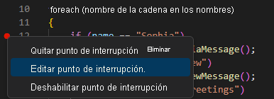 Recorte de pantalla que muestra la opción para editar un punto de interrupción en el editor de Visual Studio Code.