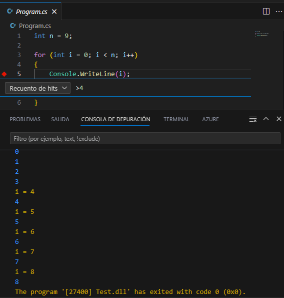 Recorte de pantalla que muestra la salida de un punto de interrupción del mensaje de registro combinado con el recuento de línea ejecutada.