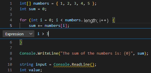 Recorte de pantalla que muestra una expresión de punto de interrupción condicional en el editor de Visual Studio Code.