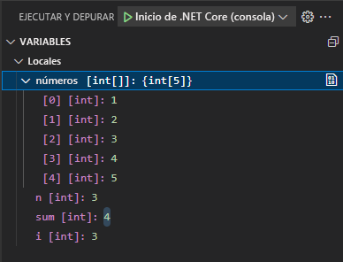 Captura de pantalla que muestra los elementos de matriz expandidos en la sección Variables de la vista Ejecutar y depurar.