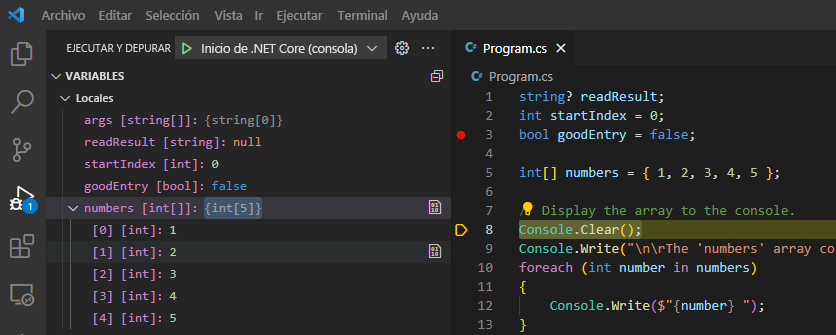 Captura de pantalla que muestra una variable desarrollada en la sección Variables de la vista Ejecutar y depurar.