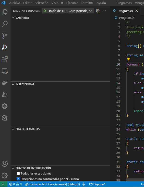 Captura de pantalla que muestra la opción ejecutar en la vista Ejecutar y depurar.