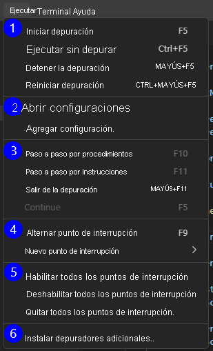 Captura de pantalla que muestra el menú Ejecutar de Visual Studio Code con opciones de depuración.