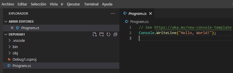 Captura de pantalla que muestra la carpeta .vscode en el EXPLORADOR.