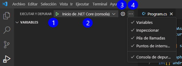 Captura de pantalla que muestra el panel Controles de la vista Ejecutar y depurar.
