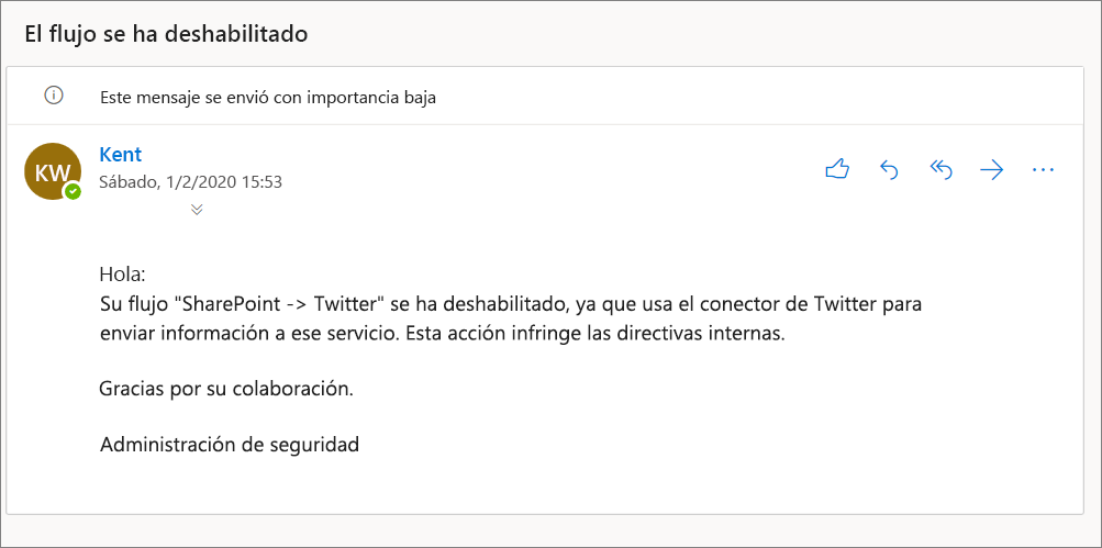Captura de pantalla del correo electrónico con el asunto 