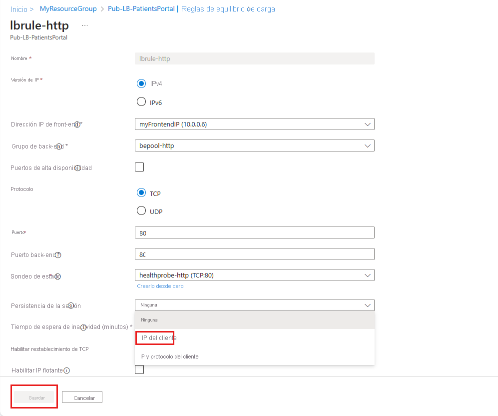 Screenshot showing how to set IP affinity in the Azure portal.