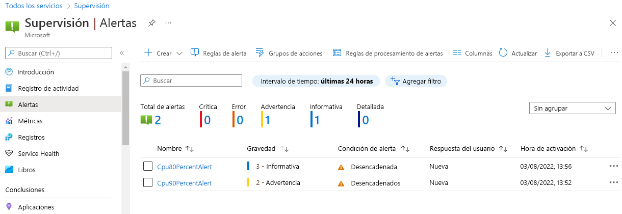 Captura de pantalla que muestra el panel de resumen de alertas.