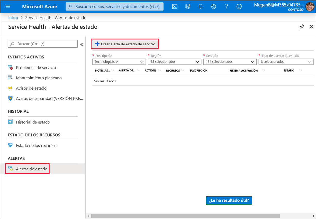 Screenshot that shows how to create a new service health alert.