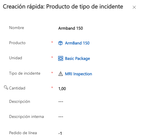 Captura de pantalla del formulario Creación rápida de producto de tipo de incidente