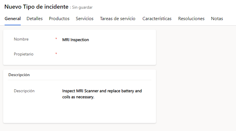Captura de pantalla de la pestaña General en un formulario Tipo de incidente