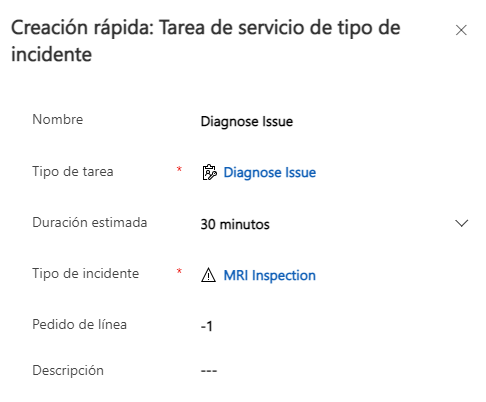 Captura de pantalla del formulario Creación rápida de tarea de servicio de tipo de incidente