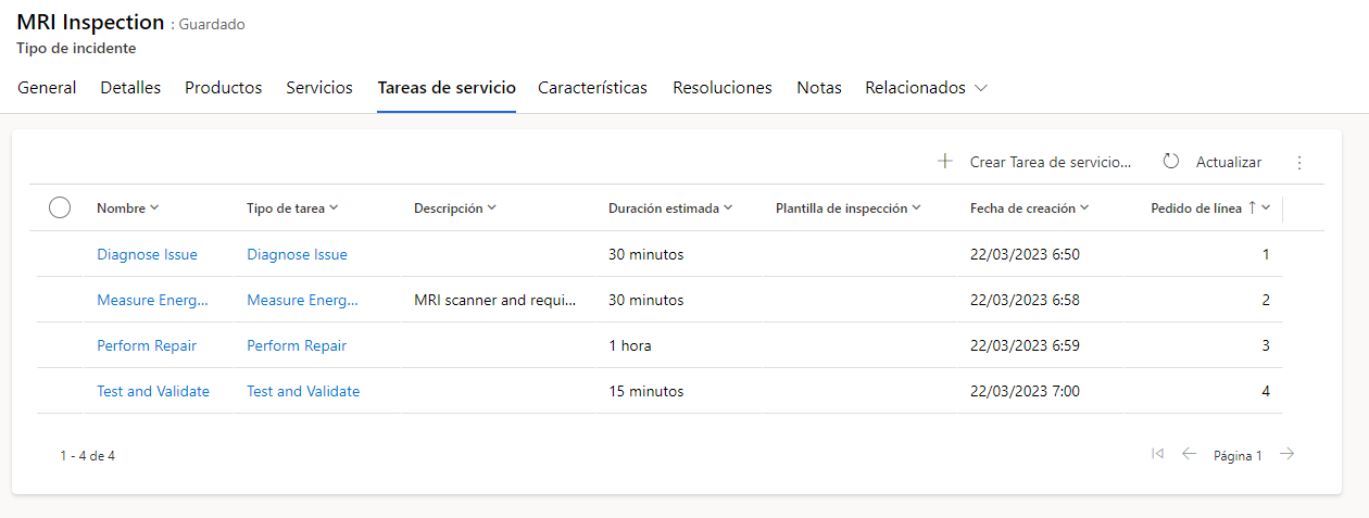 Captura de pantalla de la pestaña Tareas de servicio en un formulario Tipo de incidente