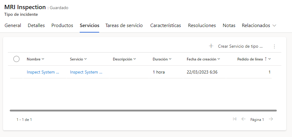 Captura de pantalla de la pestaña Servicios en un formulario Tipo de incidente