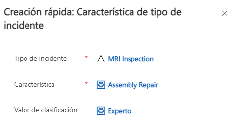 Captura de pantalla del formulario Creación rápida de característica de tipo de incidente