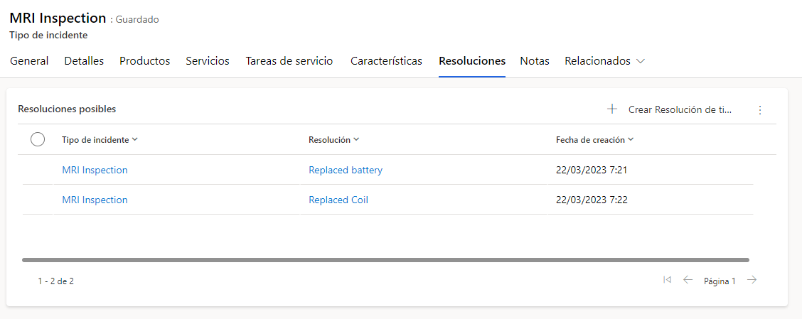 Captura de pantalla de la pestaña Resoluciones en un formulario Tipo de incidente