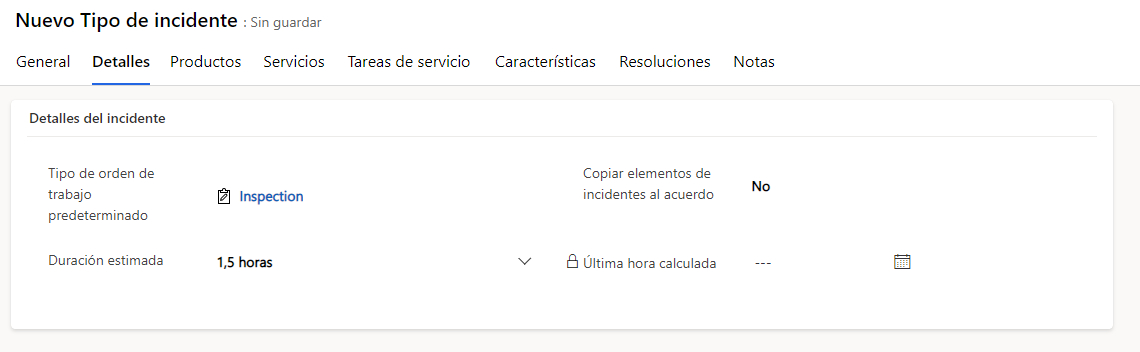 Captura de pantalla de la pestaña Detalles en un formulario Tipo de incidente