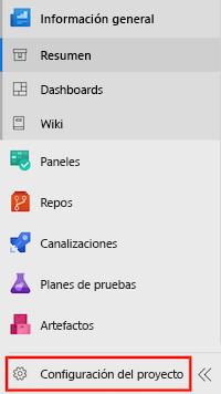 Captura de pantalla de Azure DevOps en la que se muestra el menú con la opción 