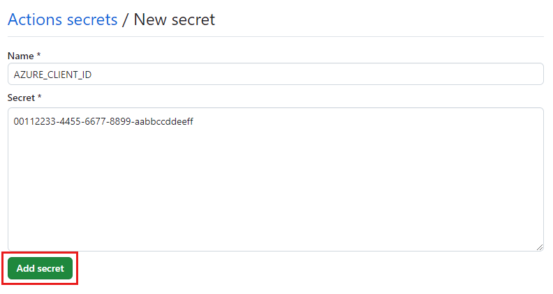 Recorte de pantalla de la interfaz de GitHub en la que se muestra la página “Nuevo secreto“. Se escriben el nombre y el valor, y el botón