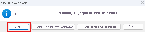 Captura de pantalla del cuadro de diálogo de Visual Studio Code para abrir el repositorio clonado, con el botón Abrir resaltado.