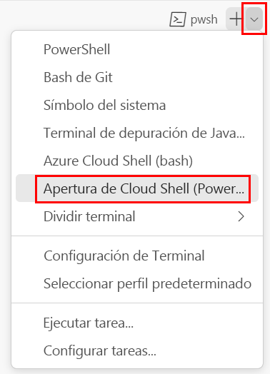 Captura de pantalla de la ventana del terminal de Visual Studio Code, en la que se muestra la lista desplegable del shell del terminal y PowerShell seleccionado.