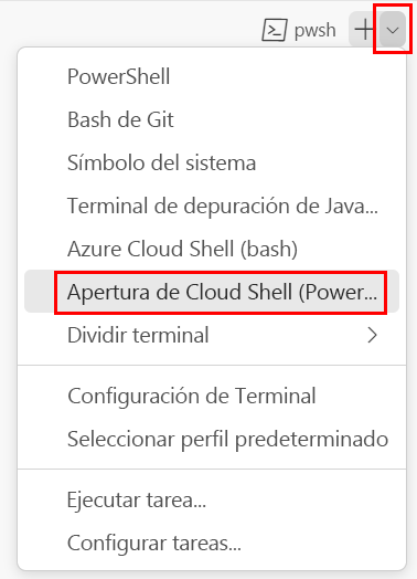 Screenshot of the Visual Studio Code terminal window, with the terminal shell dropdown list shown and PowerShell selected.