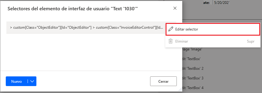 Captura de pantalla del cuadro de diálogo Selectores del elemento de interfaz de usuario Texto 1030 con la opción Editar selector resaltada