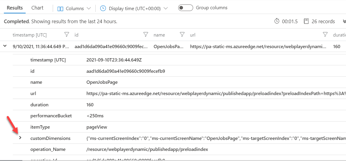 Captura de pantalla del botón para expandir junto a customDimensions