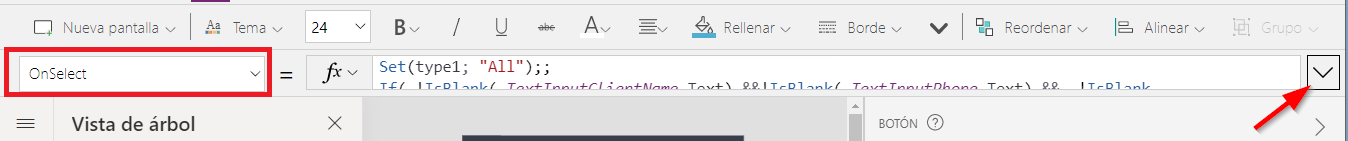 Captura de pantalla del botón para expandir la barra de fórmulas