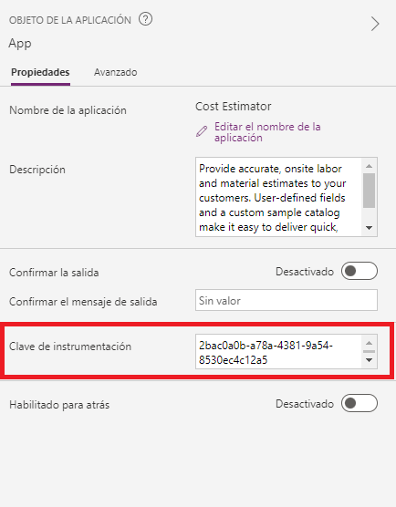 Captura de pantalla de la clave de instrumentación pegada en las propiedades