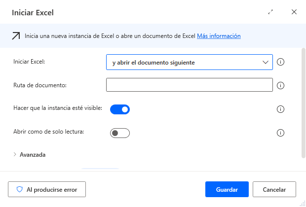 Captura de pantalla con el parámetro Iniciar Excel