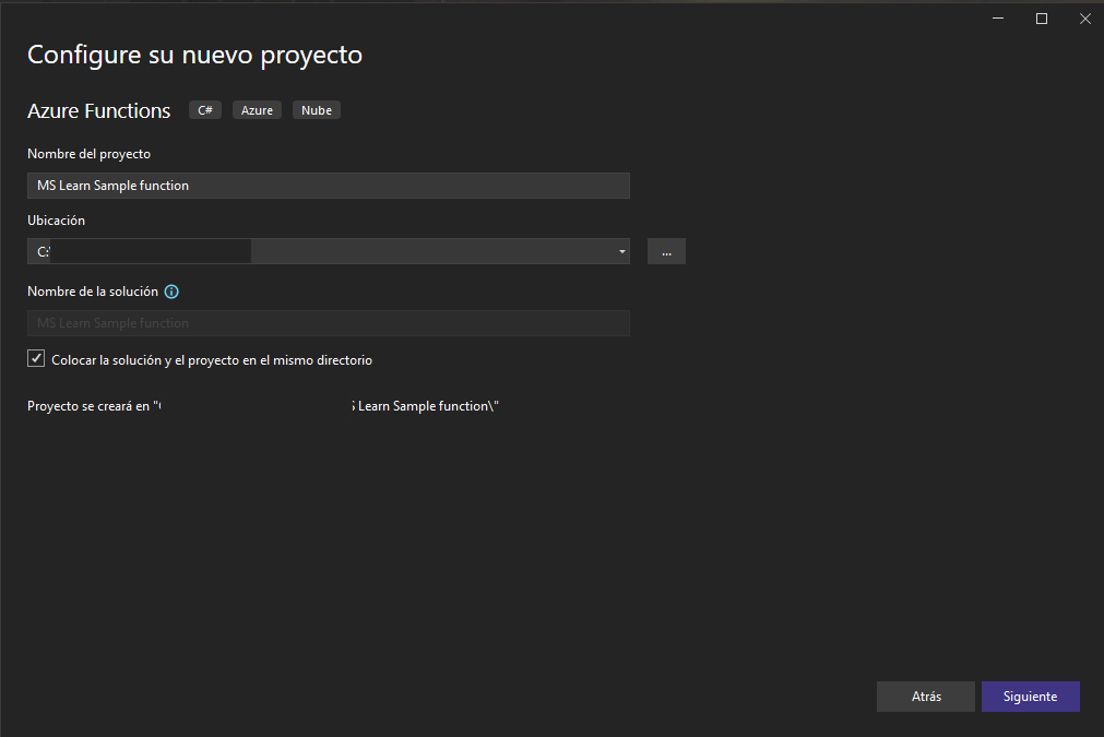 Captura de pantalla del nombre del proyecto en la configuración de su nuevo proyecto