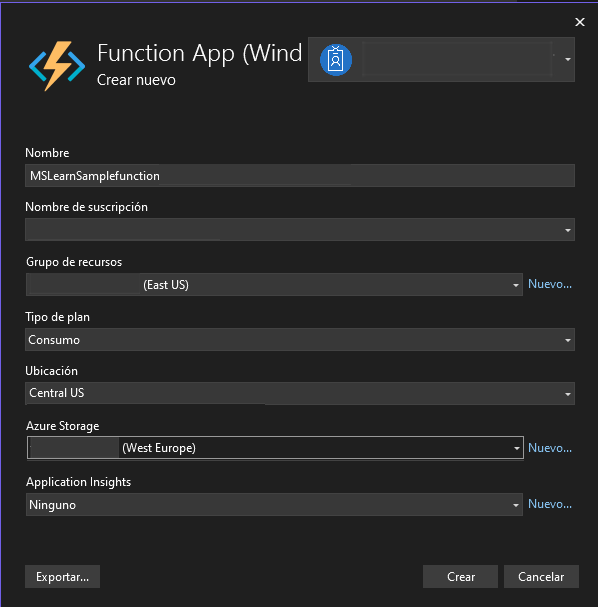 Captura de pantalla del nombre de App Service y botón Crear