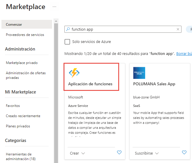 Captura de pantalla de la búsqueda de la aplicación de funciones en Marketplace
