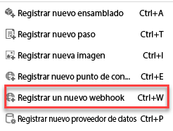 Captura de pantalla de Registrar nuevo webhook en el menú Registrar.