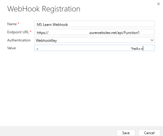 Captura de pantalla del registro de webhook con los valores introducidos