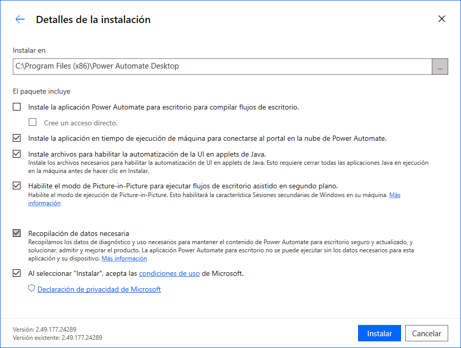 Captura de pantalla de los detalles de la instalación y el botón Instalar