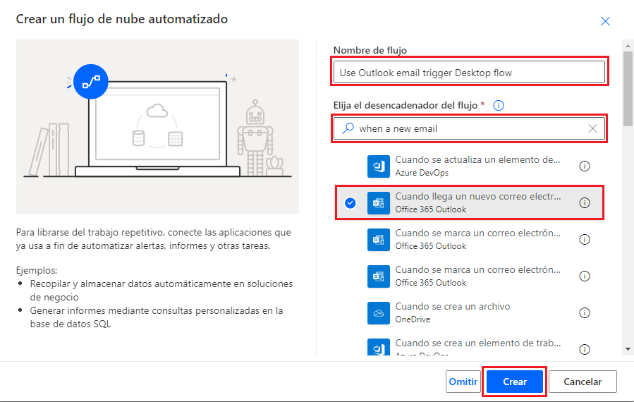 Captura de pantalla del flujo nombrado y la acción de Cuando llega un nuevo correo electrónico (V3) seleccionada.