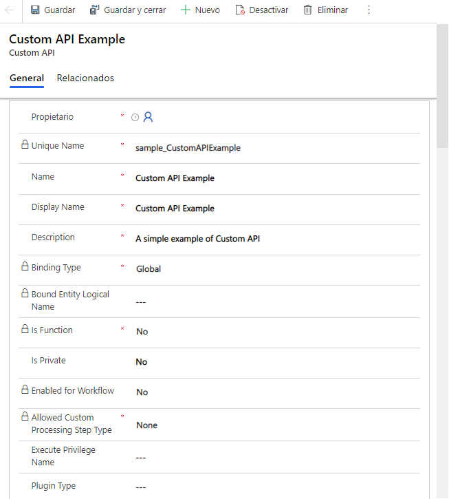 Captura de pantalla de un registro de API personalizado