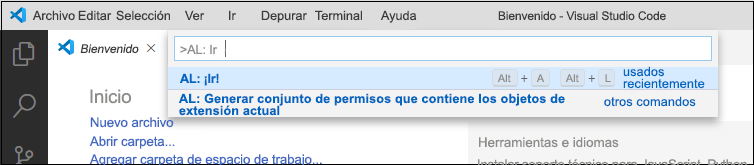 Captura de pantalla con la introducción del comando AL Go en el menú