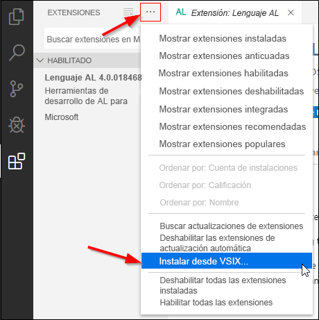 Captura de pantalla donde se muestra la opción Instalar desde VSIX.