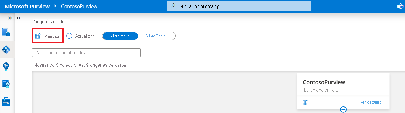 Screenshot that shows the Microsoft Purview governance portal. The portal includes the name of the Microsoft Purview account along with options to select, including Knowledge center, Register sources, Browse assets, and Manage glossary.