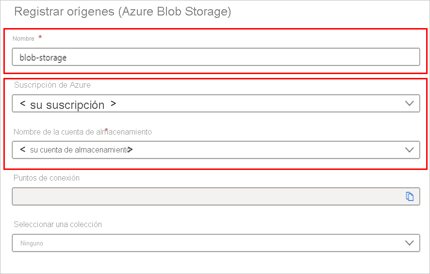 Screenshot that shows the dialog to register an Azure Blob Storage source for Microsoft Purview. The dialog has entries for a name, Azure subscription name and storage account name, an endpoint, and a collection to which to add the source.