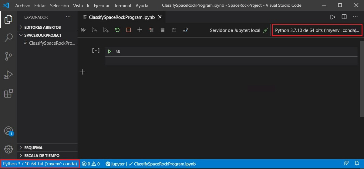 Screenshot of Visual Studio Code that shows how to set up the Anaconda environment.